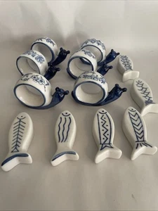 VTG Ceramic Napkin Rings x 6 & Knife Rest x 6 Blue / White Handpainted (12pcs) - Picture 1 of 15