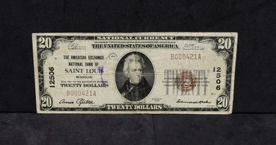 1929 $20 Natll Cur. The American Exchange, National Bank of St Louis MO F (B164 Foto 1 de 2