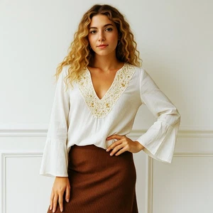 New York & Company White Boho Bell Sleeve Sequin Embroidered Top Sz M - Picture 1 of 7