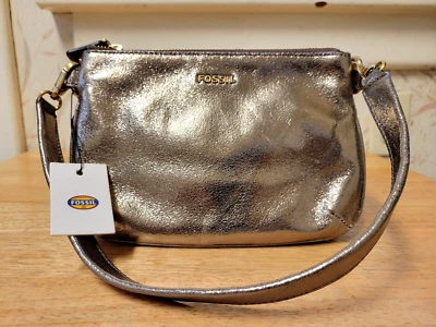 Nuevo Bolso de Hombro Fossil Memoir Cuero Doble Cremallera Dorado Metálico Foto 1 de 4