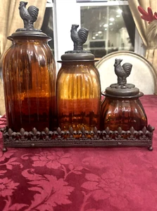 Bernstein gerippter Kanister, Metall Hahn Deckel 3er Set Vintage mit Ständer - Bild 1 von 3