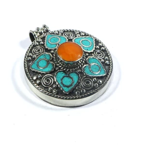 Turquoise Coral Pendant Tibetan Silver Pendant Handmade Round Tribal Jewelry - Picture 1 of 7