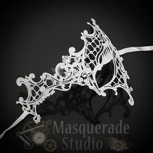 Womens Metal Phantom Laser-Cut Filigree Venetian Masquerade Prom Mask [White] - Picture 1 of 4