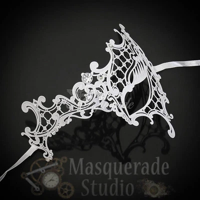 Womens Metal Phantom Laser-Cut Filigree Venetian Masquerade Prom Mask [White] - Image 1 of 4