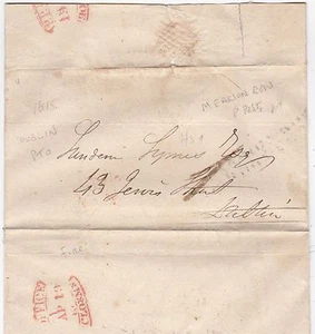 1815? MERRION ROW PENNY POST H/S 1 FINE RED DUBLIN OVAL TIME POSTMARK IRELAND - Picture 1 of 2
