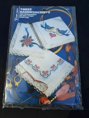 Three Handkerchiefs By Vogart BIRDS & FLOWERS Cross Stitch  ~ Opened packaging - Image 1 of 4