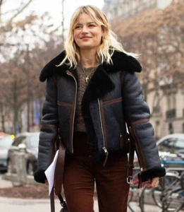 Womens Aviator RAF B3 Bomber Flying Leather Jacket Real SheepSkin Faux Fur NJ3 - Picture 1 of 3
