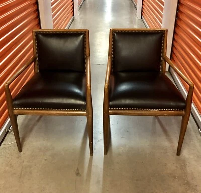MID CENTURY MODERN BLACK LEATHER CHAIRS W/NAIL HEAD TRIM  ORIG $10,000 - Image 1 of 4