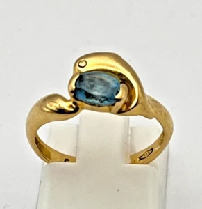 UNIQUE!! 18K YELLOW GOLD DOLPHINE BLUE STONE RING 18CT 750 -SIZE K / 5 - Picture 1 of 7