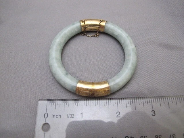 Винтажный 14K золото и нефрит Гонконг китайский шарнирный браслет-6 1/4 дюйма - Изображение 1 из 4