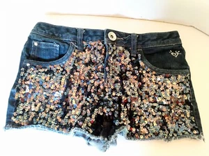 Justice 10 1/2 Premium Jeans Girls Kids Blue Denim Shorts Dark Silver Sequins - Picture 1 of 11