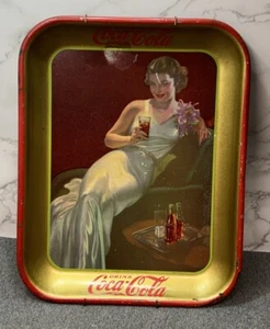Vintage Coca Cola 1937 Werbung Blech Tablett in Cola Werbung Dame - Bild 1 von 14