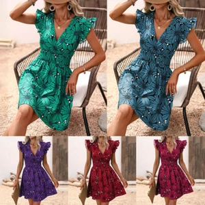 Women V-neck Dress Ladies Ruffle Edge Sleeveless Dress Summer Dresses Plus Size' - Picture 1 of 19