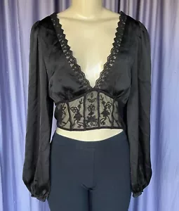 ZARA Black Long-Sleeved Lace/Satin Contrast Cropped Top Size M NWT - Picture 1 of 9