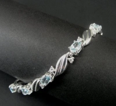 Pulseira de tênis de prata esterlina 925 pedras de zircônia cúbica cor água azul HAN  - Imagem 1 de 4