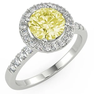 1.46 Ct Round VS2/Yellow Solitaire Halo Diamond Engagement Ring 14K White Gold - Picture 1 of 6