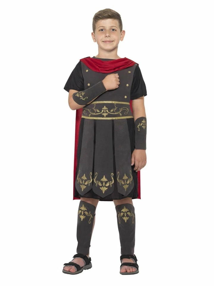 CHILD ROMAN SOLDIER GREEK GLADIATOR GUARD SPARTAN WARRIOR BOYS COSTUME BLACK RED - Image 1 of 4