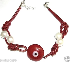 Armband Aus Auge Türkisch 20 MM Rot Mit Leder, Perlas Kultiviert Und Silber Pl - Bild 1 von 2