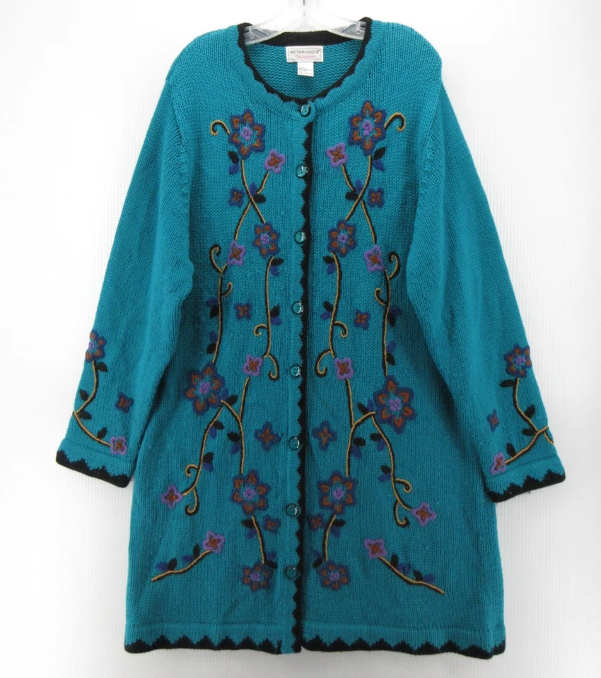 Victor Costa Sweater Women 1X Plus Blue Wool Cardigan Floral Embroidered VTG * - Image 1 of 4