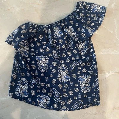 Lindo Borde con Volantes Lilly Blanco Fuera del Hombro Talla XS Azul Blanco Floral Cachemira Foto 1 de 4