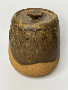 Art Pottery Lidded Jar Canister Brutalist Incised Decoration Marked - Picture 1 of 10
