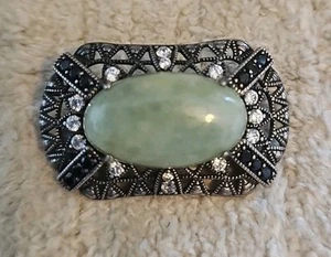CHINESE EXPORT VINTAGE STERLING SILVER LIGHTGREEN JADE Brooch Pendant 1.5 X 1 In - Picture 1 of 6