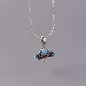 Collana con ciondolo loto smaltato chiusura minoranza cinese retrò donna gioielli - Foto 1 di 4
