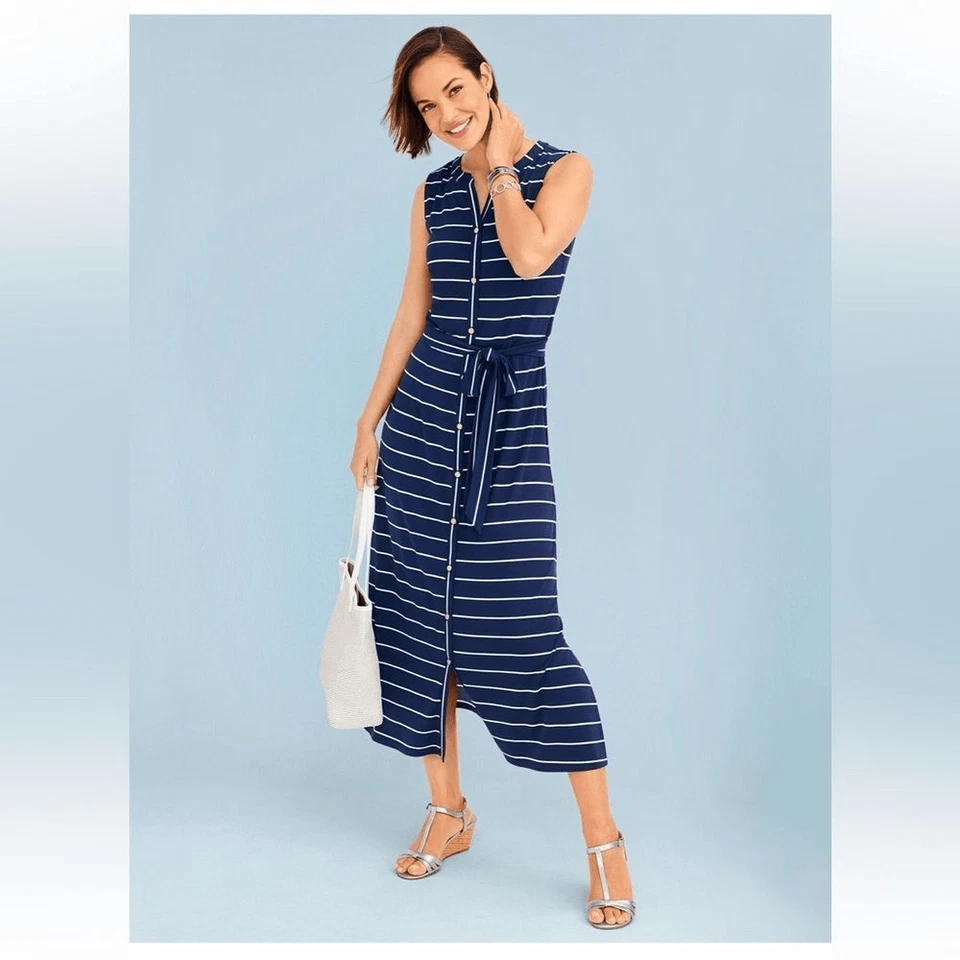 VESTIDO MAXI SIN MANGAS JERSEY RAYAS AZUL/BLANCO CON BOTONES DELANTEROS TALBOTS TALLA M Foto 1 de 4