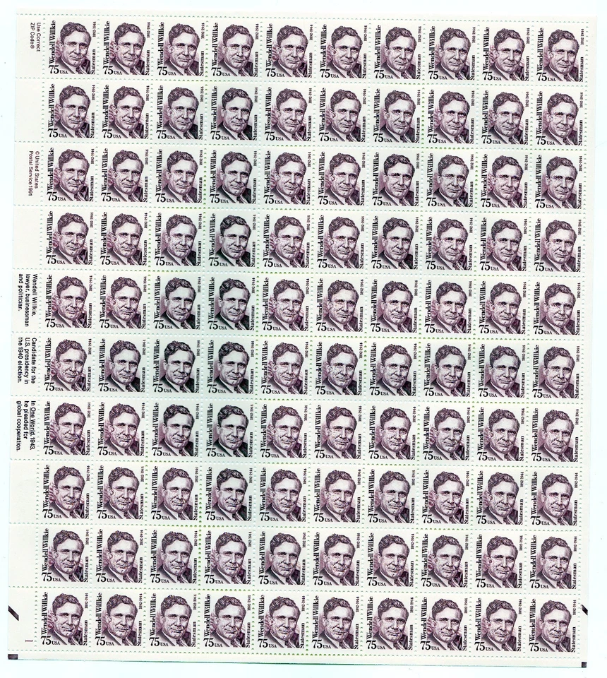 Hoja de 100 estampillas Scott #2192 Wendell Willkie - MNH P#1 LL Foto 1 de 1