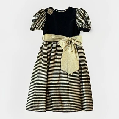 Vintage Sylvia Whyte Girls Holiday Black Gold Velvet Dress Size 12 Bow Striped - Image 1 of 4