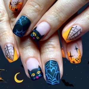 Pack of 24 Halloween Orange French Gothic Nail Art Set Spiderweb Design ABS - Picture 1 of 8