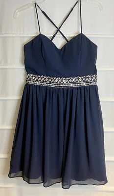 B Darlin Blue Chiffon Spaghetti Strap Rhinestone Embellished Dress Jrs 9/10 EC! - Image 1 of 4