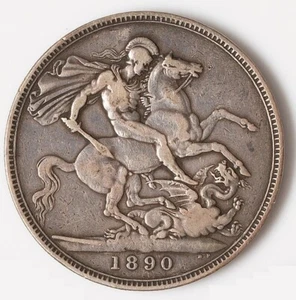 1890 GREAT BRITAIN UK Queen Victoria Saint George Dragon Silver Crown Coin D221 - Picture 1 of 2
