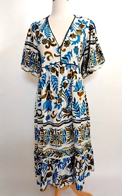 全新带标签 Anthropologie FIG & FLOWER 波西米亚 Midi 连衣裙 尺寸 L 亚麻人造丝 花卉 蓝色 — 第 1/4 张图片