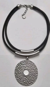 Ben-Amun Silver Circle Hammered Pendant Cord Necklace. RF - Picture 1 of 8