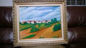  OIL PAINTING ON  BOARD 16" by 20" NAIVE STYLE- LANDSCAPE, SIGNED G.S. - Picture 1 of 6