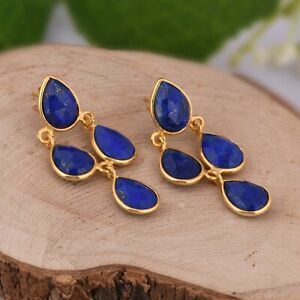 18k Yellow Gold Plated Chandelier Earrings With Lapis Lazuli Fashion Jewelry