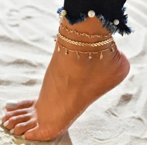 Women's Fashion Jewelry Gold 3 Layer Charm Anklet Bracelet Bohemian 408 - Picture 1 of 1