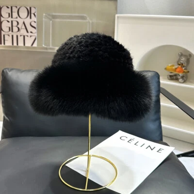 Luxury Women's Winter Warm 100% Mink Fur Knitted Bucket Hat Fox Fur Trim Caps - Image 1 of 4