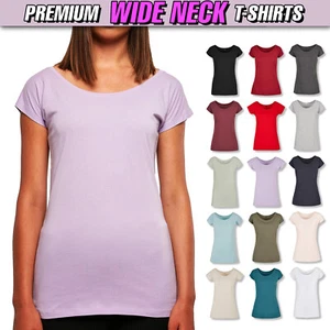 Womens Scoop Neck T-Shirt Short Sleeve Deep Wide Tops Ladies Off Shoulder Bardot - Picture 1 of 23