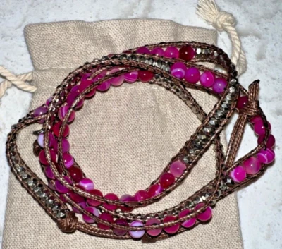 Pulsera envolvente de cuero genuino con piedras de ágata rosa con dije de bota de vaquera NUEVO Foto 1 de 4