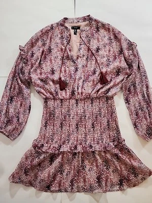 AQUA Dress Smocked Tunic Striped Tasseled Tie Neck Ruffled Long Sleeve Med Pink - Image 1 of 4