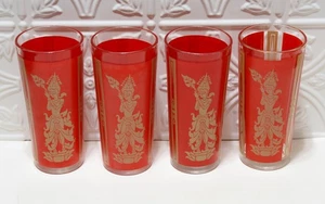 Juego de 4 vasos Culver diosa hindú tailandesa Highball rojo y dorado años 60 - Imagen 1 de 5