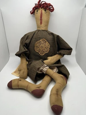 Primitive 26” Handcrafted Handmade Folk Art Rustic Rag Doll Raggedy Ann Signed - Image 1 of 4
