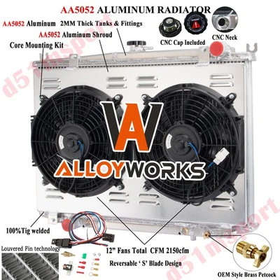 3 Row Aluminum Radiator Shroud Fan Fit 1988-1997 Nissan Navara D21 2.7L TD27 AT Foto 1 de 4