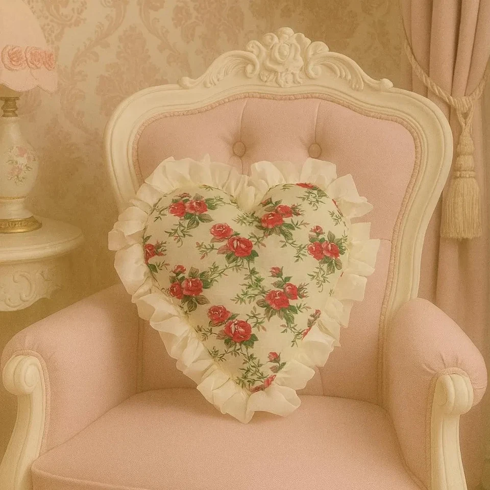 Heart Shaped Pillow 35cm | Floral Cushion with Ruffles | Vintage Romantic Décor - Image 1 of 2
