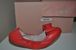 NIB Miu Miu / Prada Lacca Red Orange BOW Leather Ballet Flats Shoes EUR 40 - Picture 1 of 7