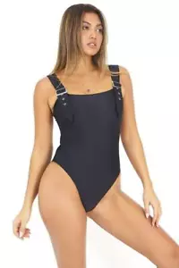 Black Solid One Piece Swimsuit High Leg sexy beach holiday XS S M L - Picture 1 of 2