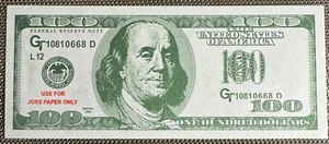 BILLET PUBLICITAIRE 100 DOLLARS JOSS PAPER ONLY. (BILL 185) - Picture 1 of 5