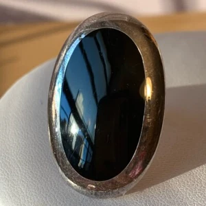 VINTAGE LARGE BLACK STONE RING 925 STERLING SILVER STATEMENT - Picture 1 of 11